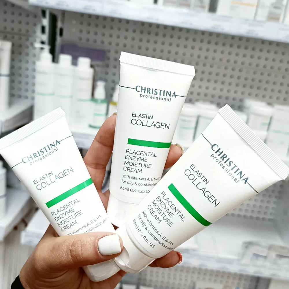 Christina Elastin Collagen Placental Enzyme Moisture Cream with Vit. A, E & HA - Зволожуючий крем з рослинними ензимами, колагеном і еластином для жирної та комбінованої шкіри