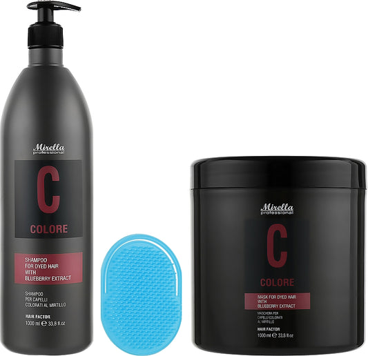 Набір Шампунь та Маска  для фарбованного волосся з поршнем та щіткою для шампунування - Mirella Professional C Colore Kit